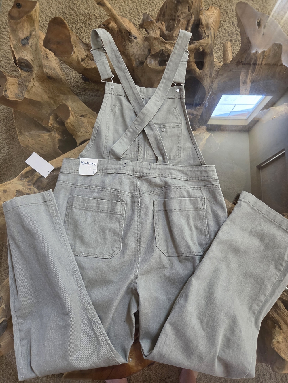 Wallflower Women's Cross-Back Overalls in Light Sage Green